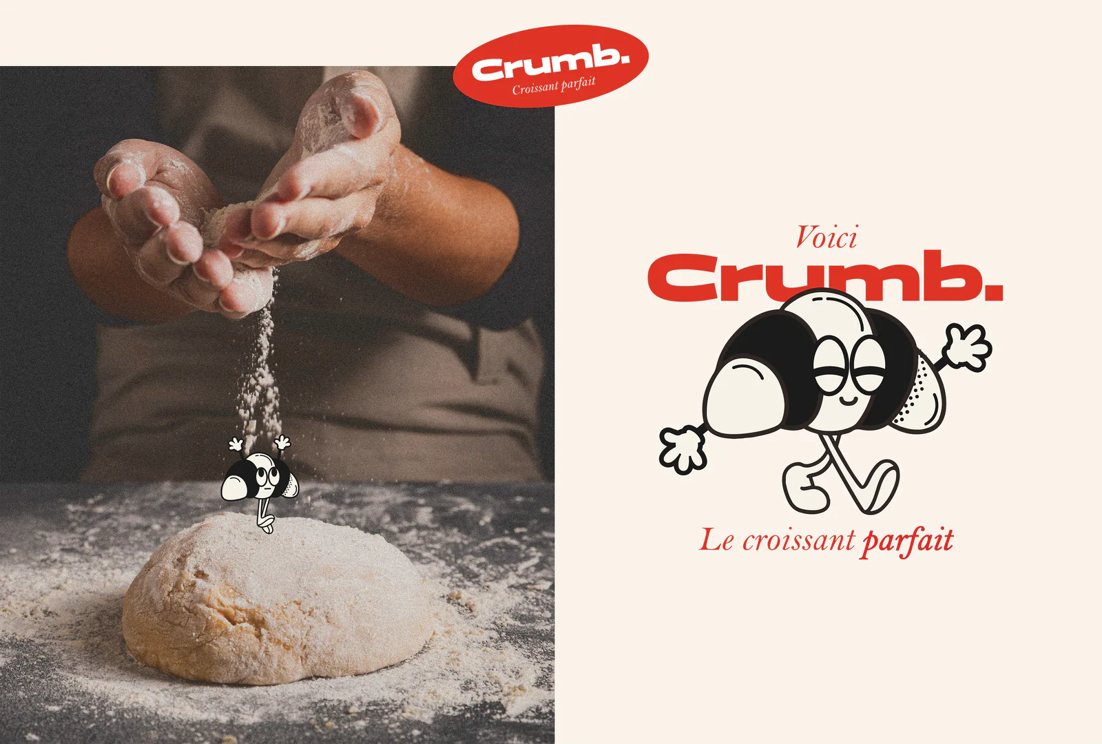 Mains qui saupoudrent de la farine sur une pâte, avec la mascotte Crumb. et le logo « Voici Crumb »