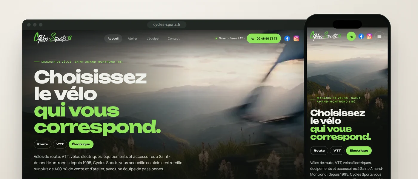 Page d'accueil du site Cycles Sports sur ordinateur et sur mobile : « Choisissez le vélo qui vous correspond »