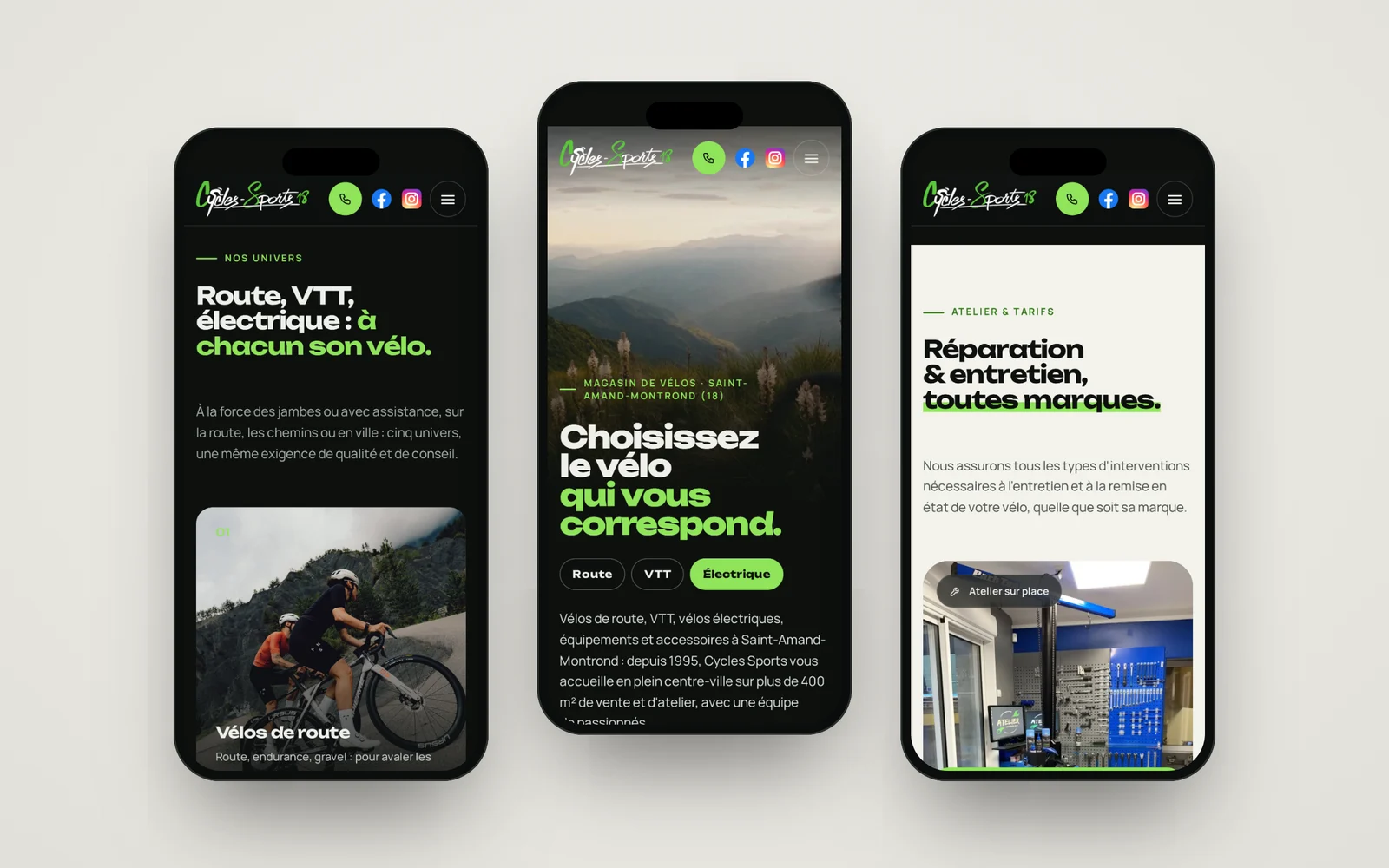 Trois écrans mobiles du site Cycles Sports : univers, accueil et atelier