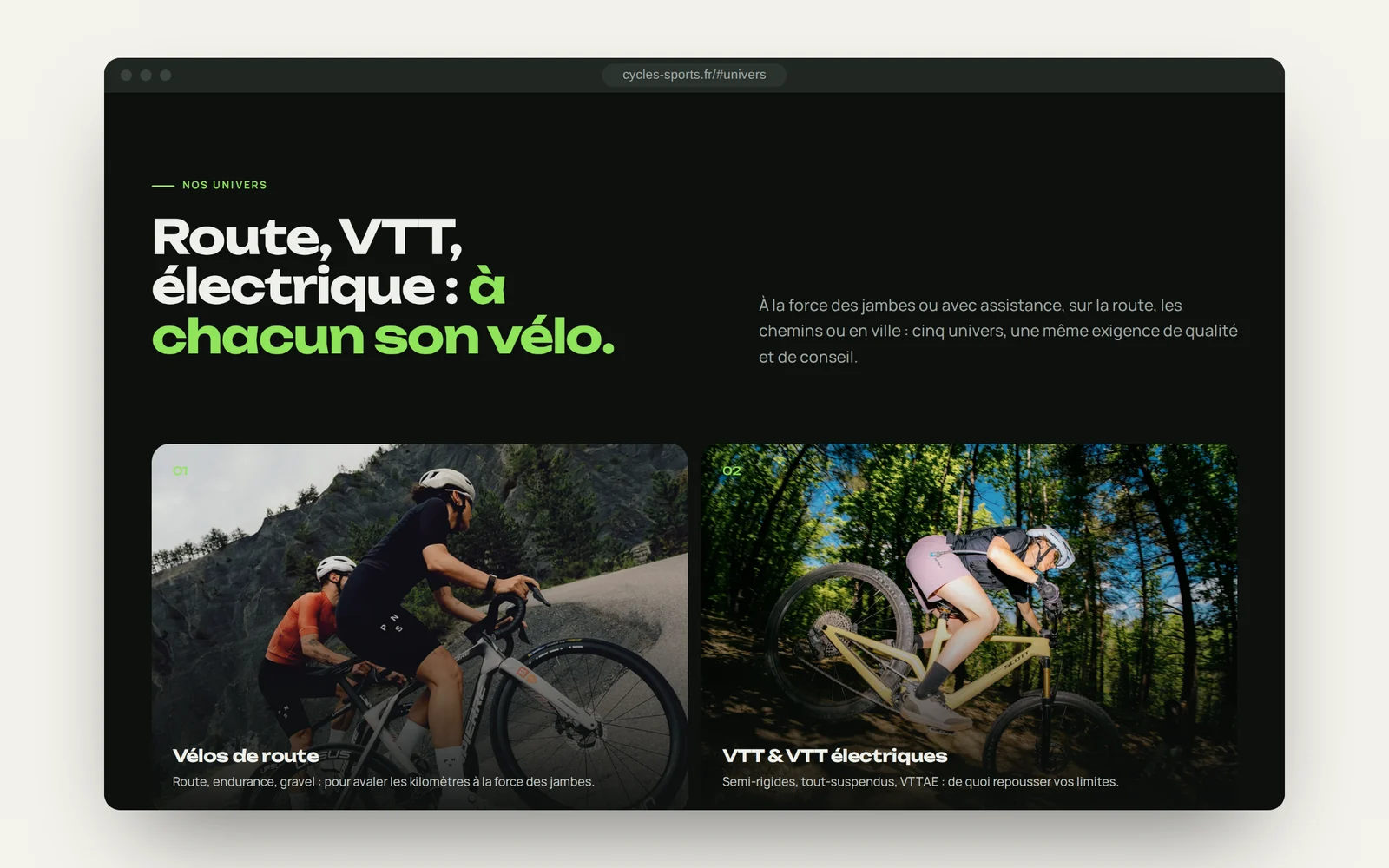 Section « Nos univers » du site Cycles Sports : vélos de route et VTT électriques