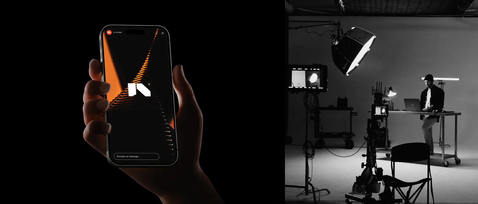 Story In-Studio sur smartphone et ingénieur au travail dans un studio