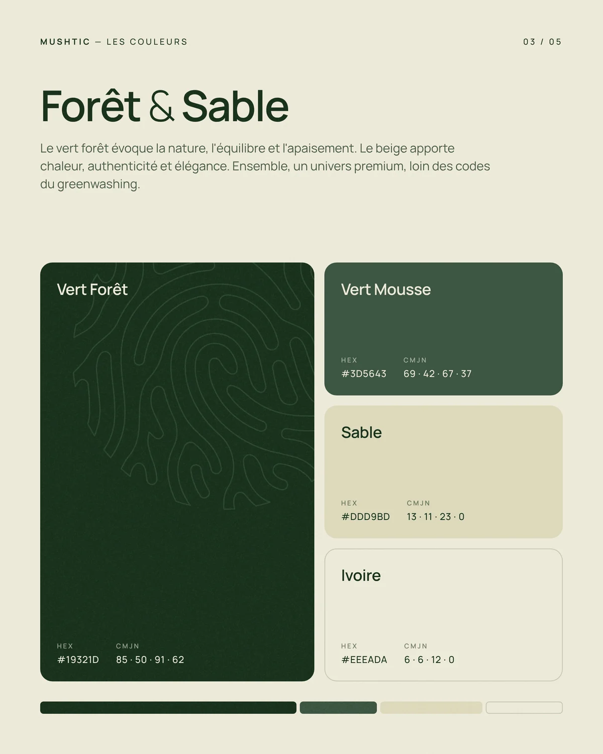 Palette Forêt et Sable de Mushtic : vert forêt, vert mousse, sable et ivoire