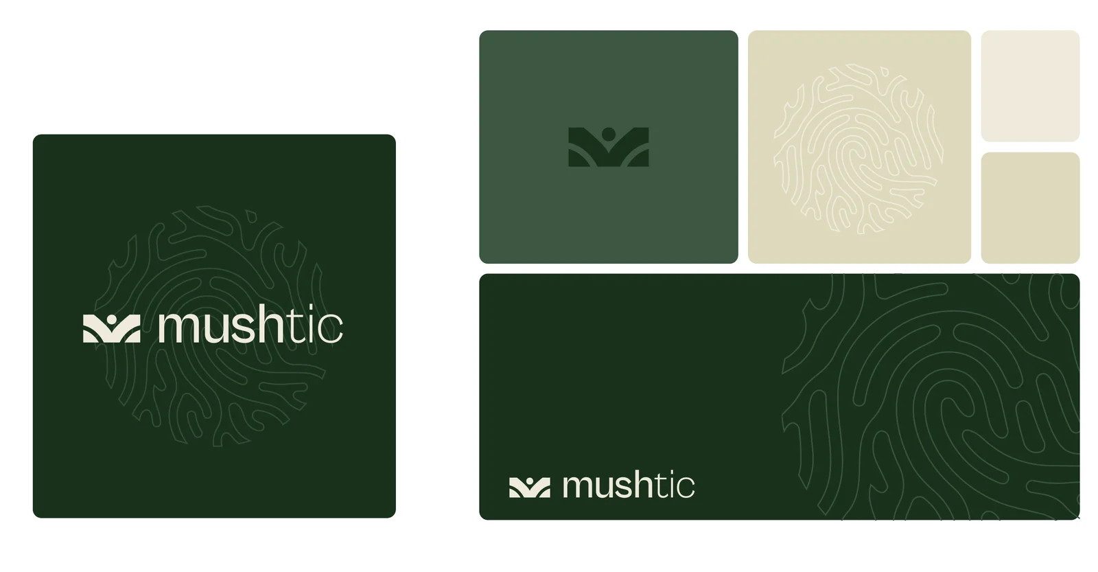 Planche d'identité Mushtic : logo, symbole et motifs d'empreinte aux couleurs de la marque