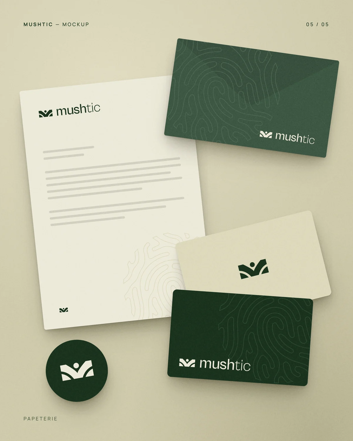 Papeterie Mushtic : papier à en-tête, cartes de visite et sticker