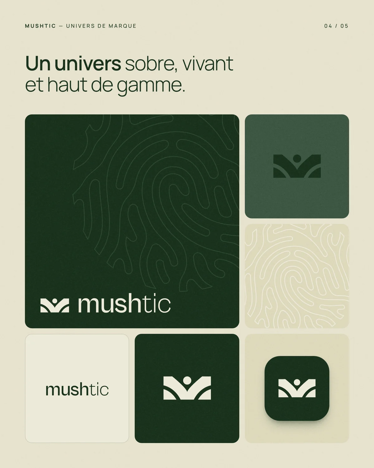 Univers de marque Mushtic : déclinaisons du logo et du symbole, icône d'application