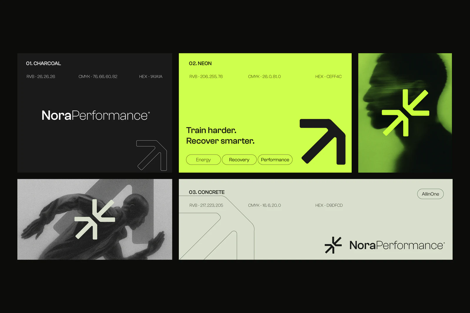 Palette Nora Performance : charcoal, néon et concrete, avec le logotype et le symbole en flèches