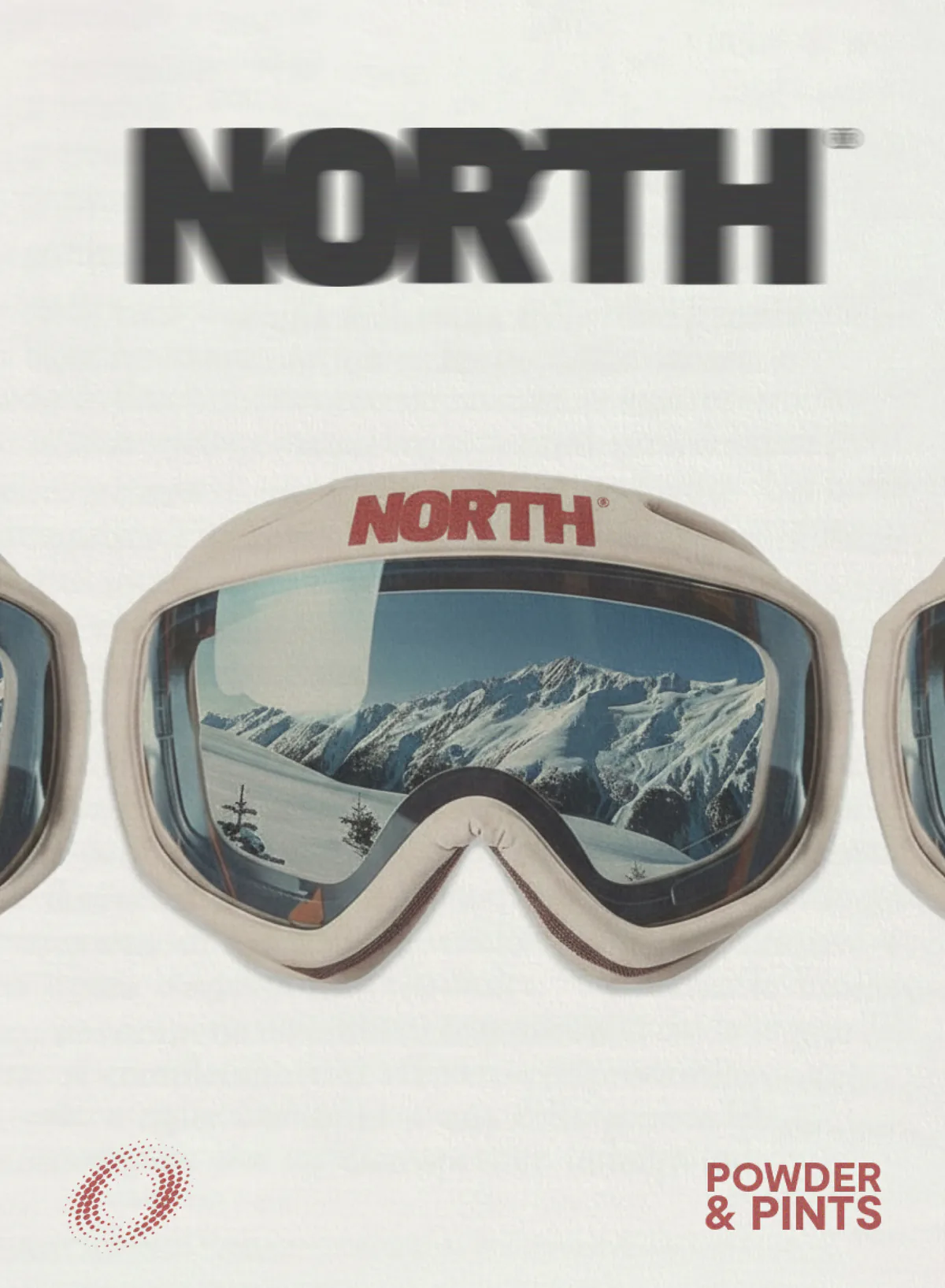 Affiche NORTH® Powder & Pints avec masque de ski reflétant la montagne