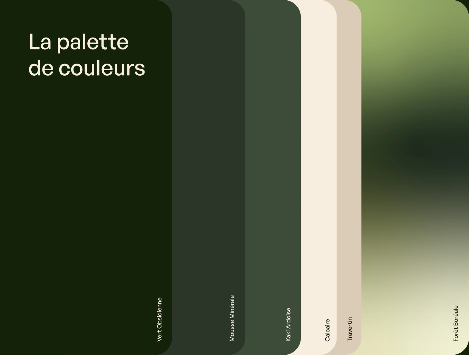 Palette de couleurs Unwind : Vert Obsidienne, Mousse Minérale, Kaki Ardoise, Calcaire, Travertin et Forêt Boréale
