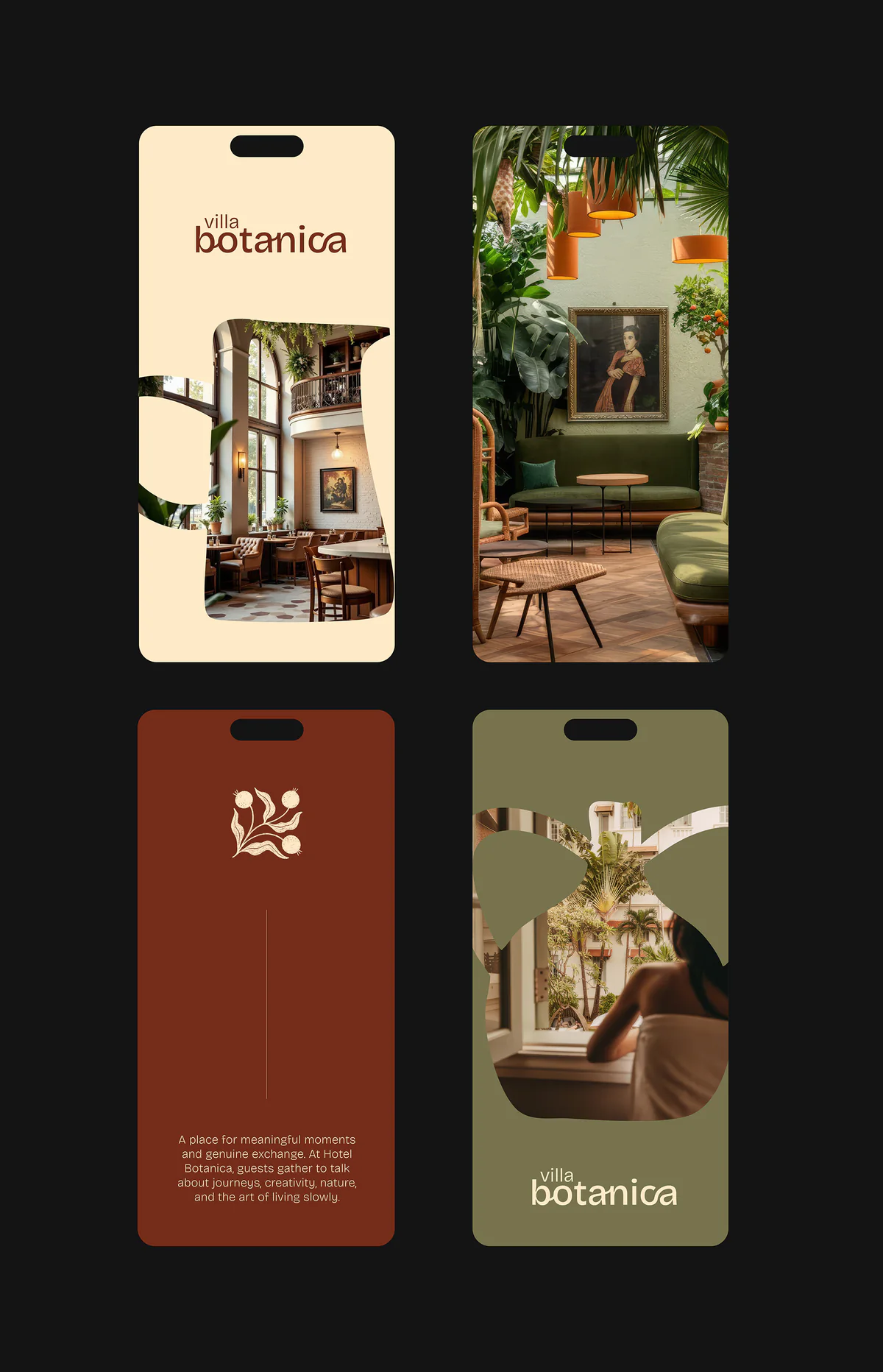Quatre écrans mobiles Villa Botanica : wordmark, intérieur végétal, emblème et photo en forme de vase